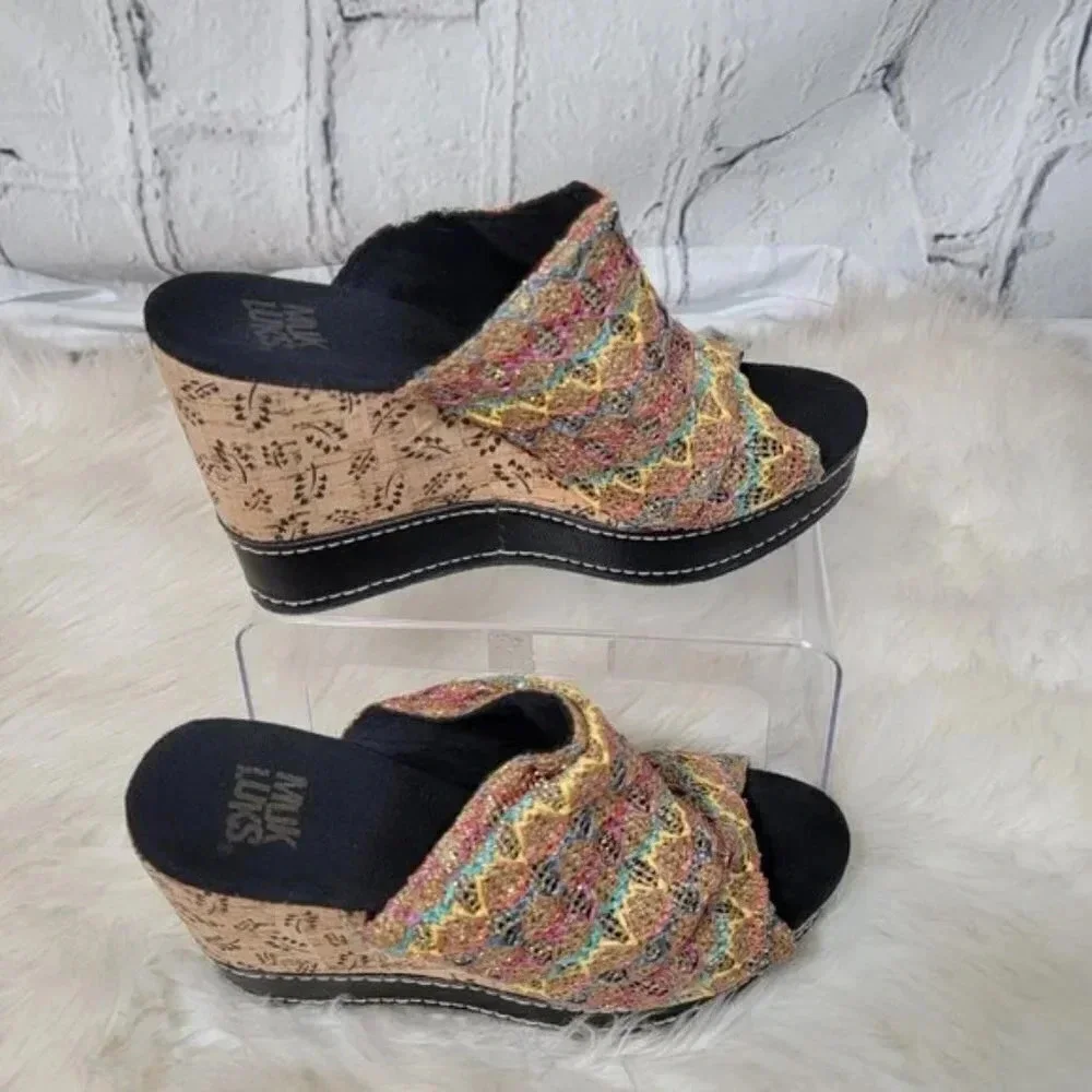 Muk Luks Womens Payton‎ Platform Wedge Sandal Boho Slip On Woven Peep Toe Sz 10